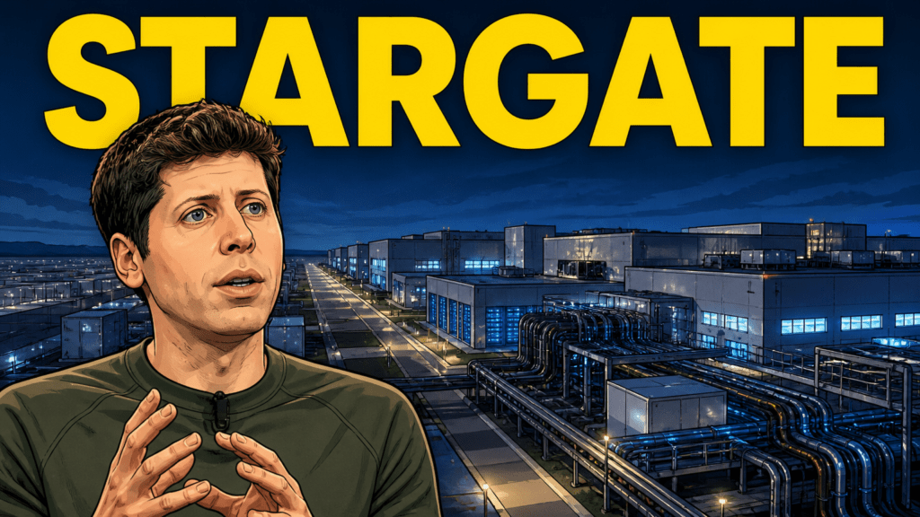 Caricatura editorial reconocible de Sam Altman delante de un gran centro de datos de inteligencia artificial, con el rótulo «STARGATE»; ilustración, no fotografía de un complejo real.