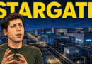 Caricatura editorial reconocible de Sam Altman delante de un gran centro de datos de inteligencia artificial, con el rótulo «STARGATE»; ilustración, no fotografía de un complejo real.