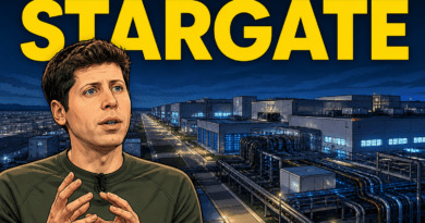 Caricatura editorial reconocible de Sam Altman delante de un gran centro de datos de inteligencia artificial, con el rótulo «STARGATE»; ilustración, no fotografía de un complejo real.