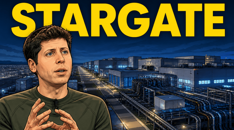 Stargate: la infraestructura gigante que necesita la inteligencia artificial Caricatura editorial reconocible de Sam Altman delante de un gran centro de datos de inteligencia artificial, con el rótulo «STARGATE»; ilustración, no fotografía de un complejo real.